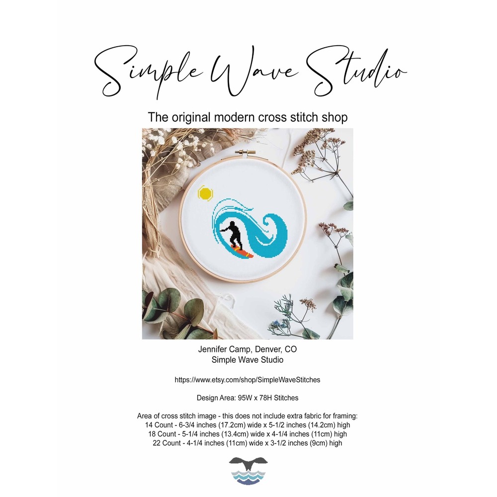 Surfer Surfboard Wave and Sun Ocean‎ Beach Art Counted Cross Stitch Pattern